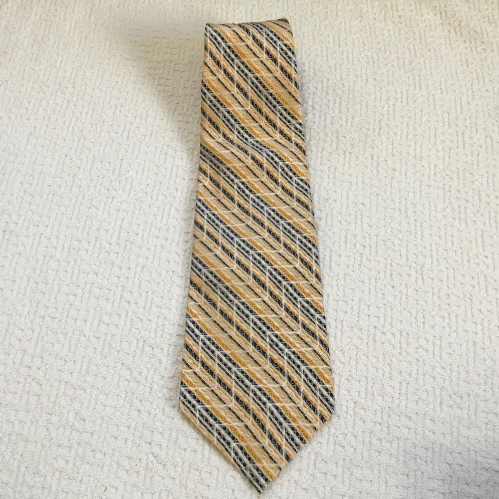 Vtg Sophisticate Collection by R&L Mens Geometric Stripe Necktie Yellow Blue